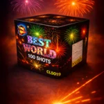 Baterie de artificii Best World 100 focuri cutie ilustrată cu artificii colorate pe fundal întunecat