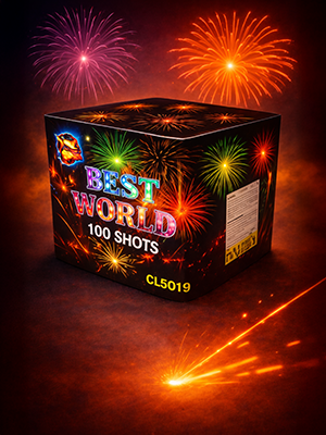 Фейерверк Best World, 100 залпов, коробка с изображением разноцветных фейерверков на тёмном фоне