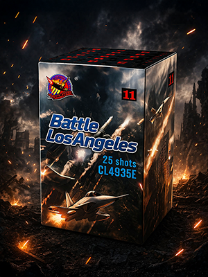 Cutie Baterie de artificii Battle Los Angeles cu 25 focuri pe fundal întunecat cu scântei aprinse