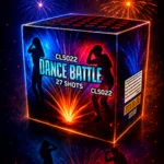 Baterie de artificii Dance Battle cu 72 focuri în ambalaj albastru aprins, scântei și efecte luminoase de foc de artificii în fundal