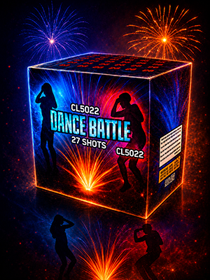 Фейерверк «Dance Battle» на 72 заряда в ярко-синей упаковке, с искрами и световыми эффектами на фоне