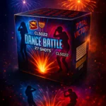 Фейерверк «Dance Battle» на 72 заряда в ярко-синей упаковке, с искрами и световыми эффектами на фоне