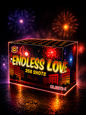 Коробка с фейерверком «Endless Love», 258 зарядов, зажженных ночью на темном фоне