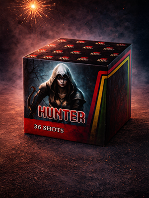 Фейерверк Hunter - на 36 залпов, в темном дизайне с загадочной фигурой на фоне дыма и фейерверков.
