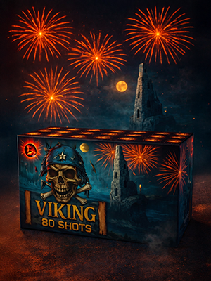 Набор фейерверков «Викинг» на 80 зарядов с тематическим дизайном в стиле викингов и красочными взрывами в ночном небе