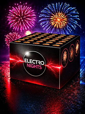 Фейерверк «Electro Nights» на 100 залпов на фоне ночного разноцветного фейерверка