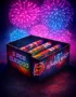 Коробка с тремя одноразовыми пиротехническими минометами для фейерверков, фон с фейерверками фиолетового и синего цветов