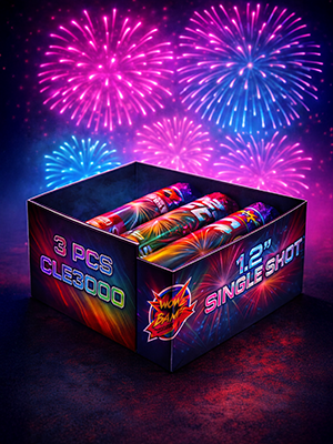 Cutie cu trei bucăți de mortiere Single Shot pentru artificii, fundal cu focuri de artificii colorate în violet și albastru