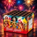 Baterie de artificii Road March cu 36 de focuri, cutie cu dansatoare de carnaval, pe fundal de artificii colorate