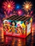 Baterie de artificii Road March cu 36 de focuri, cutie cu dansatoare de carnaval, pe fundal de artificii colorate