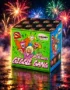 Baterie de artificii Giggle Gang cu 36 de focuri, cutie verde cu personaje vesele, pe fundal de artificii colorate
