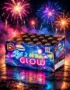 Baterie de artificii Let's Glow cu 66 de focuri, cutie cu inscripție neon pe fundal de artificii colorate